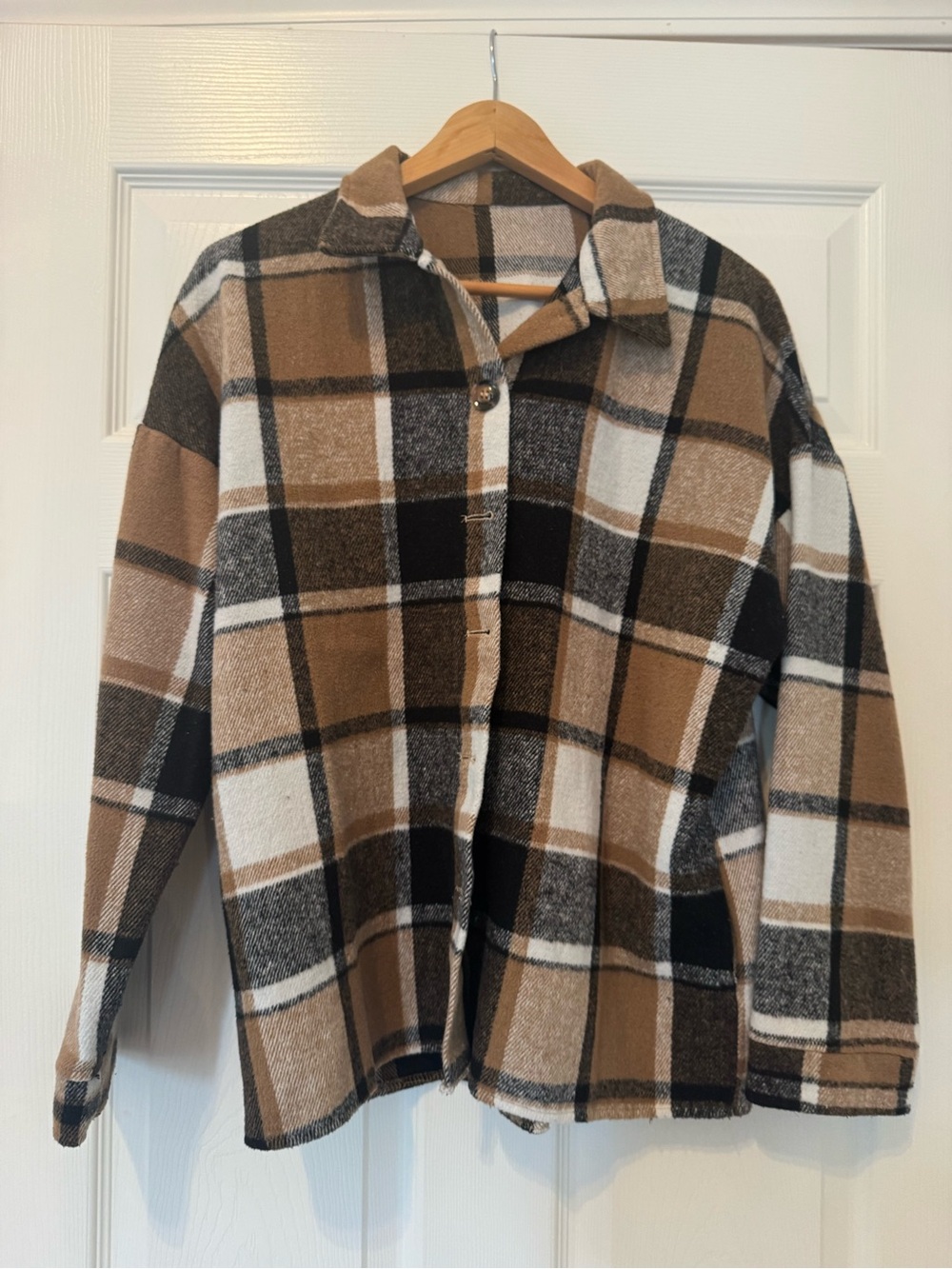 Plaid Button-Up Shacket in Camel, Black & White